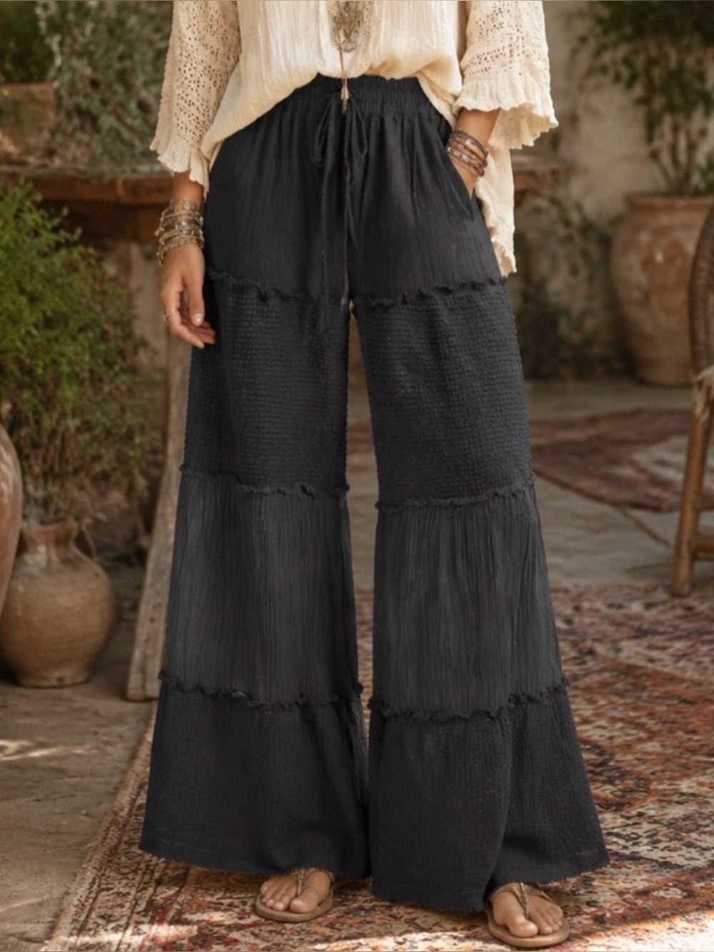 POL Black Double Gauze Thermal Mix Wide Leg Pants NWT Large